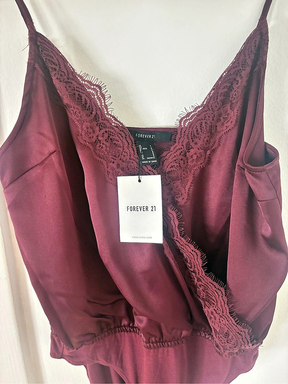 Forever 21 Satin Lace-Trim Bodysuit Pink NWT